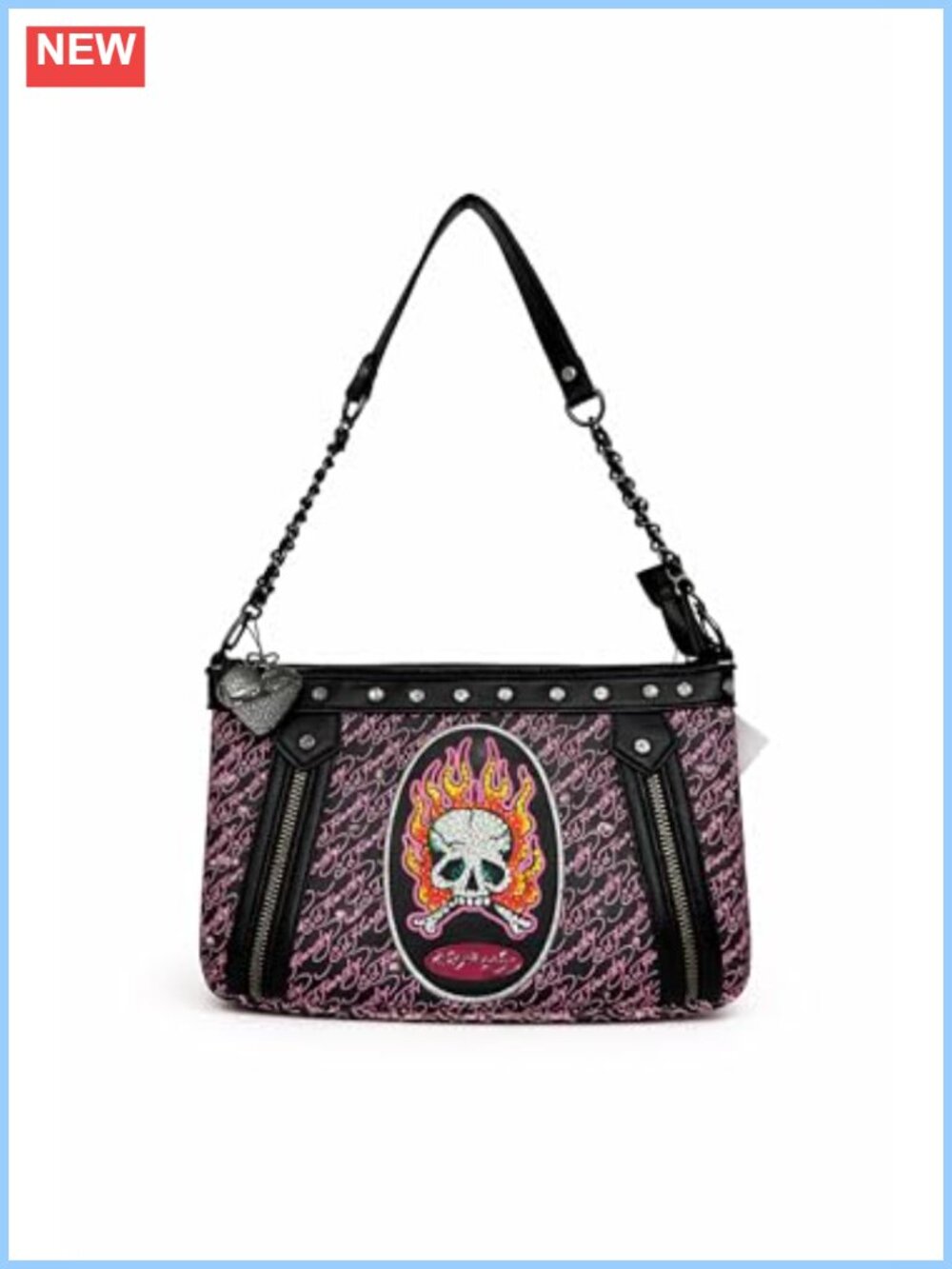 ED HARDY Women's Shoulder Handbag Skull Flame Graphic Zip Top Chain Strap